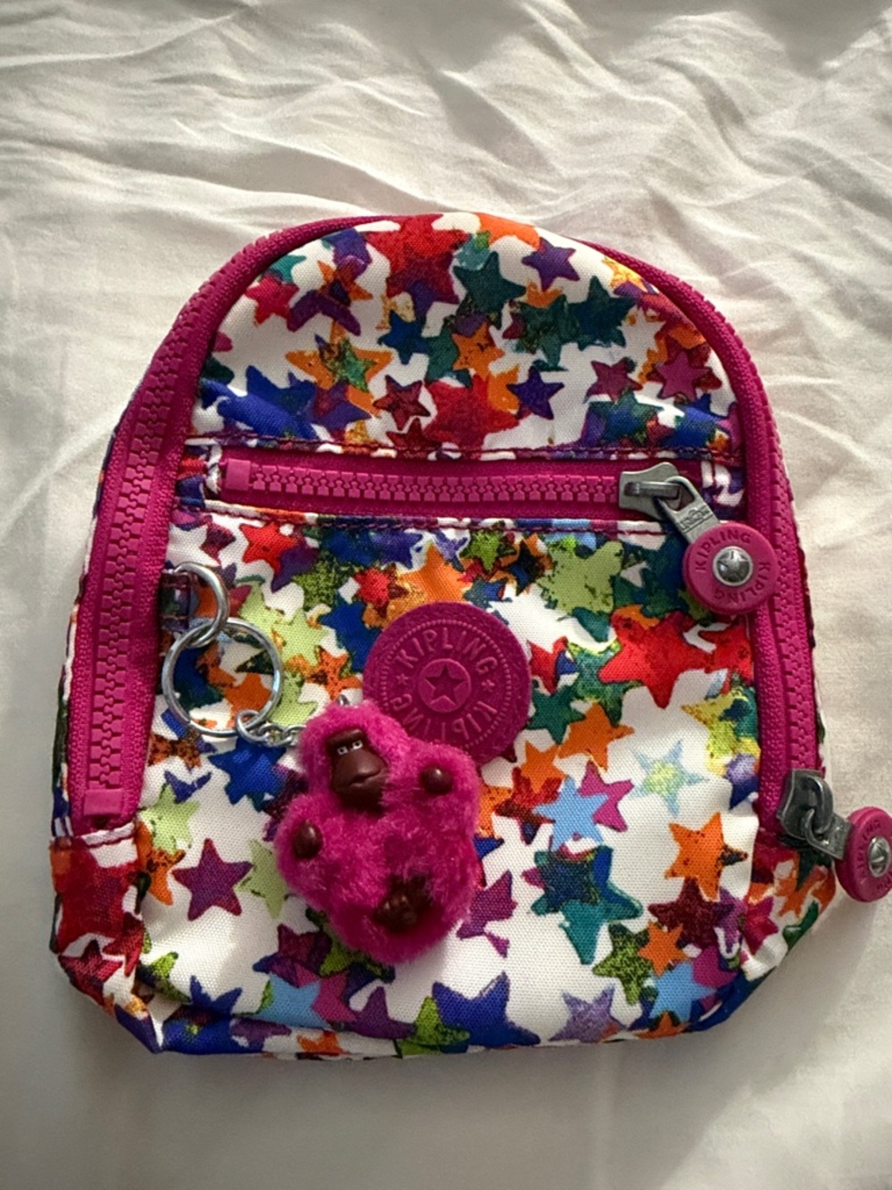 Kipling Kids Multicolor Star Print Mini Backpack Keychain with Pink Trim